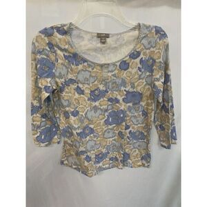 J. Jill Women's Small 3/4 Sleeve Tan & Blue Abstract ‎ Blouse